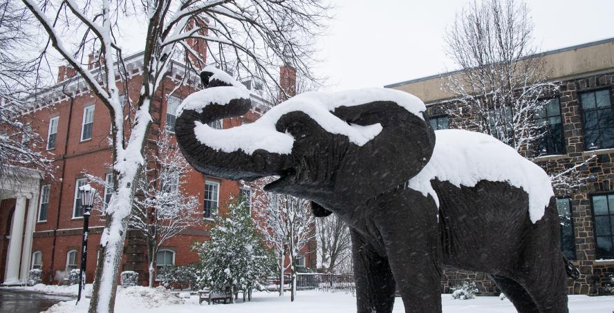 Fresh snow falls on the Jumbo mascot statue on the Academic Quad 